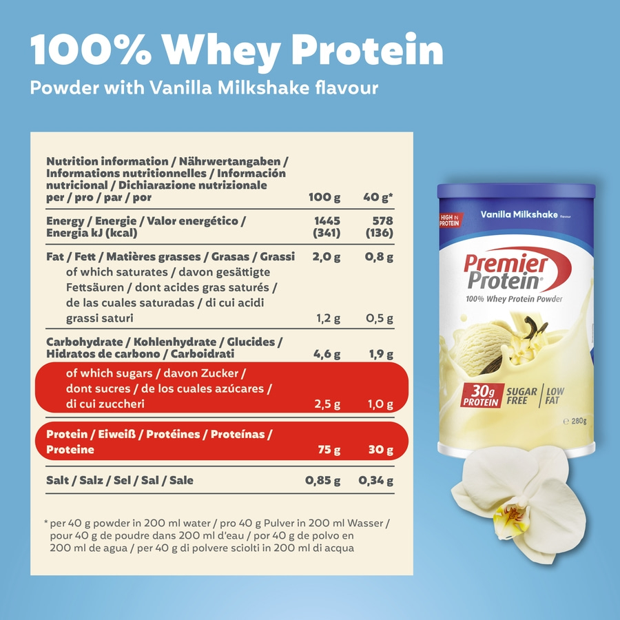 PREMIER PROTEIN Whey 100% Protein Powder Vanilla Milkshake ohne Zucker 6 x 280 g