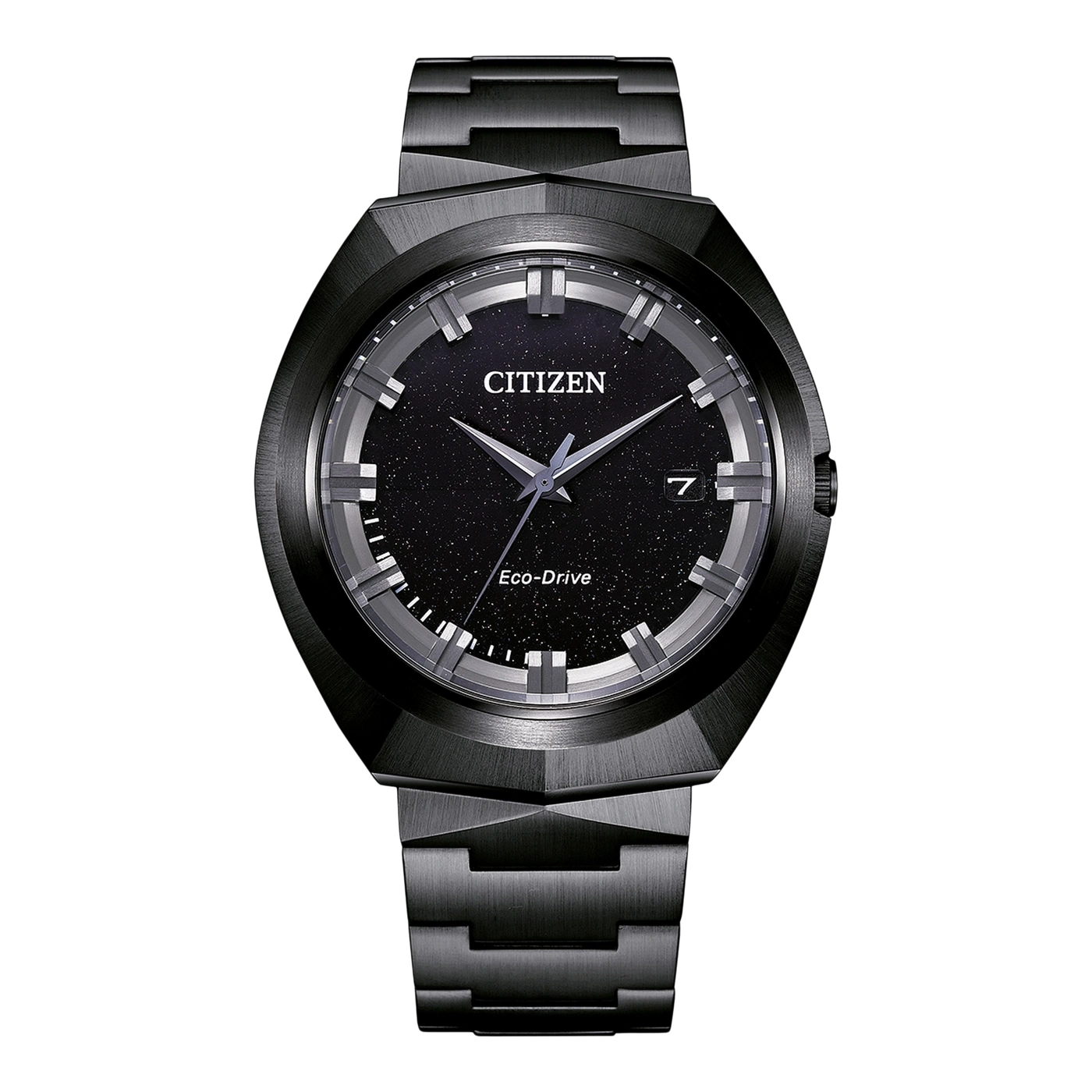 Schwarze Citizen-Uhr mit Sternenhimmel-Zifferblatt und Armband aus Metall