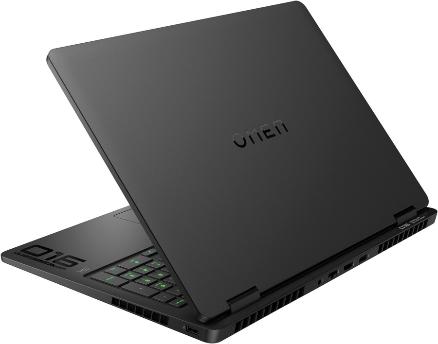 Schwarzer Gaming-Laptop mit beleuchteter Tastatur und "OMEN"-Logo auf dem Deckel.