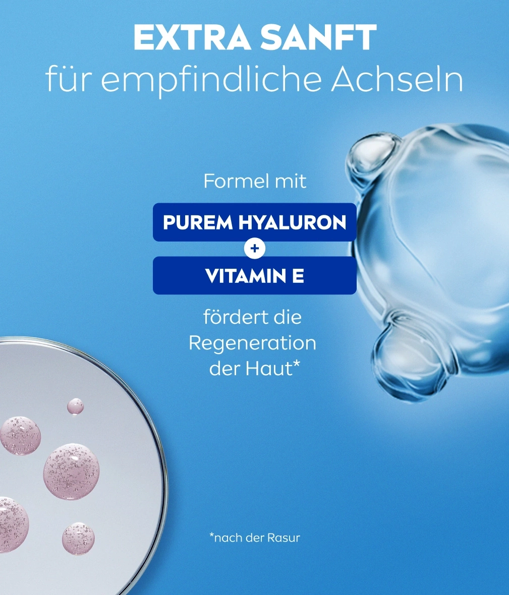 Ein Hautpflegeprodukt mit Hyaluron und Vitamin E für empfindliche Achseln, das die Hautregeneration fördert.