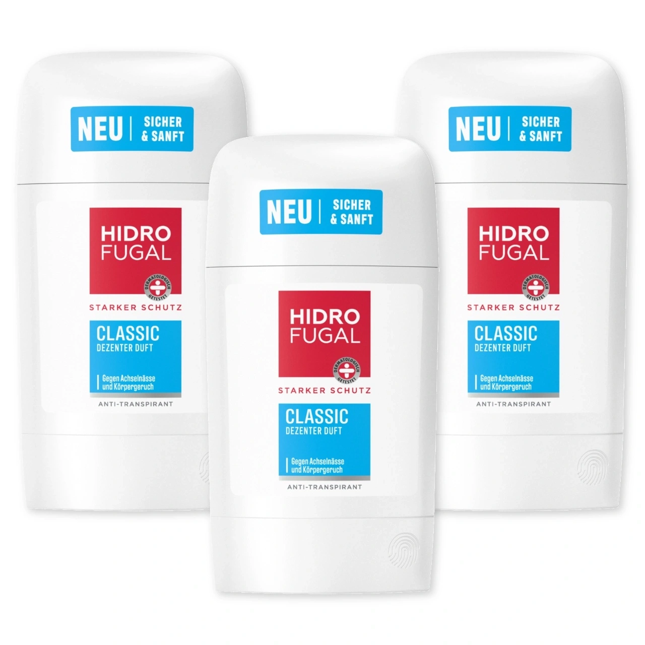 Drei Hidro Fugal Deodorant-Sticks mit 'Neu, Sicher & Sanft' Aufschrift.