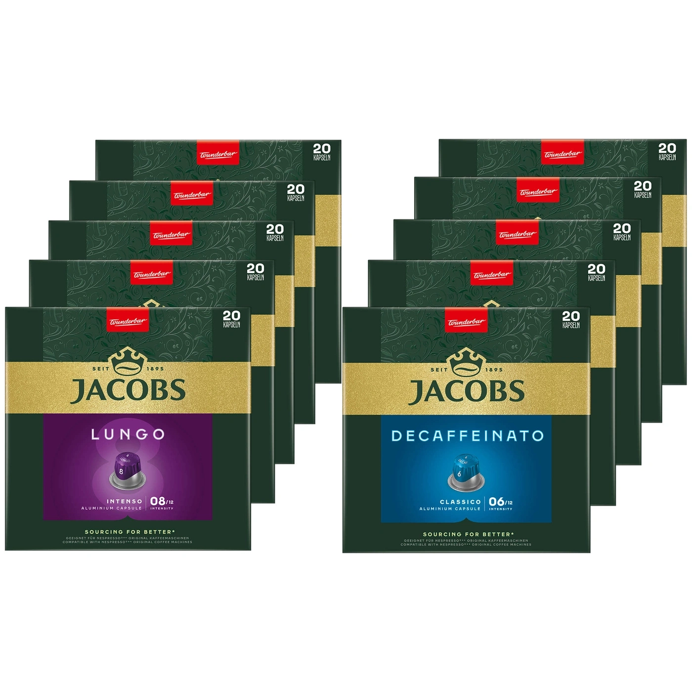 Jacobs Kaffeekapseln, Lungo und Decaffeinato, 20 Kapseln pro Packung, Intensität 08/12 und 06/12
