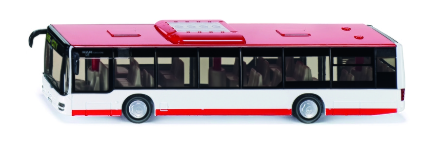 Roter und weißer Bus, MAN Lion's City, Spielzeugmodell, isoliert auf weißem Hintergrund.