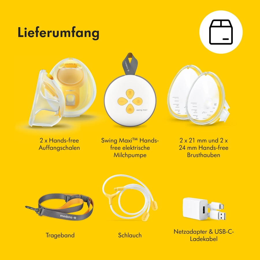 Lieferumfang: Hands-free Milchpumpe, Brusthauben, Trageband, Schlauch, Netzadapter.