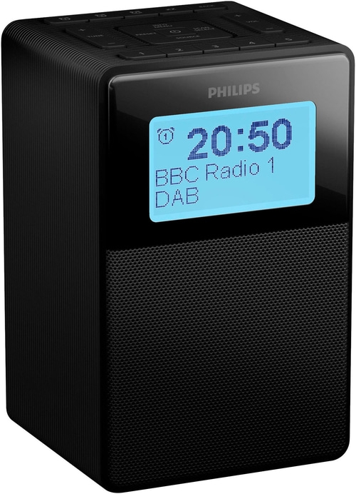 Schwarzer Philips DAB-Radio mit blauem Display, das 20:50 und BBC Radio 1 anzeigt.