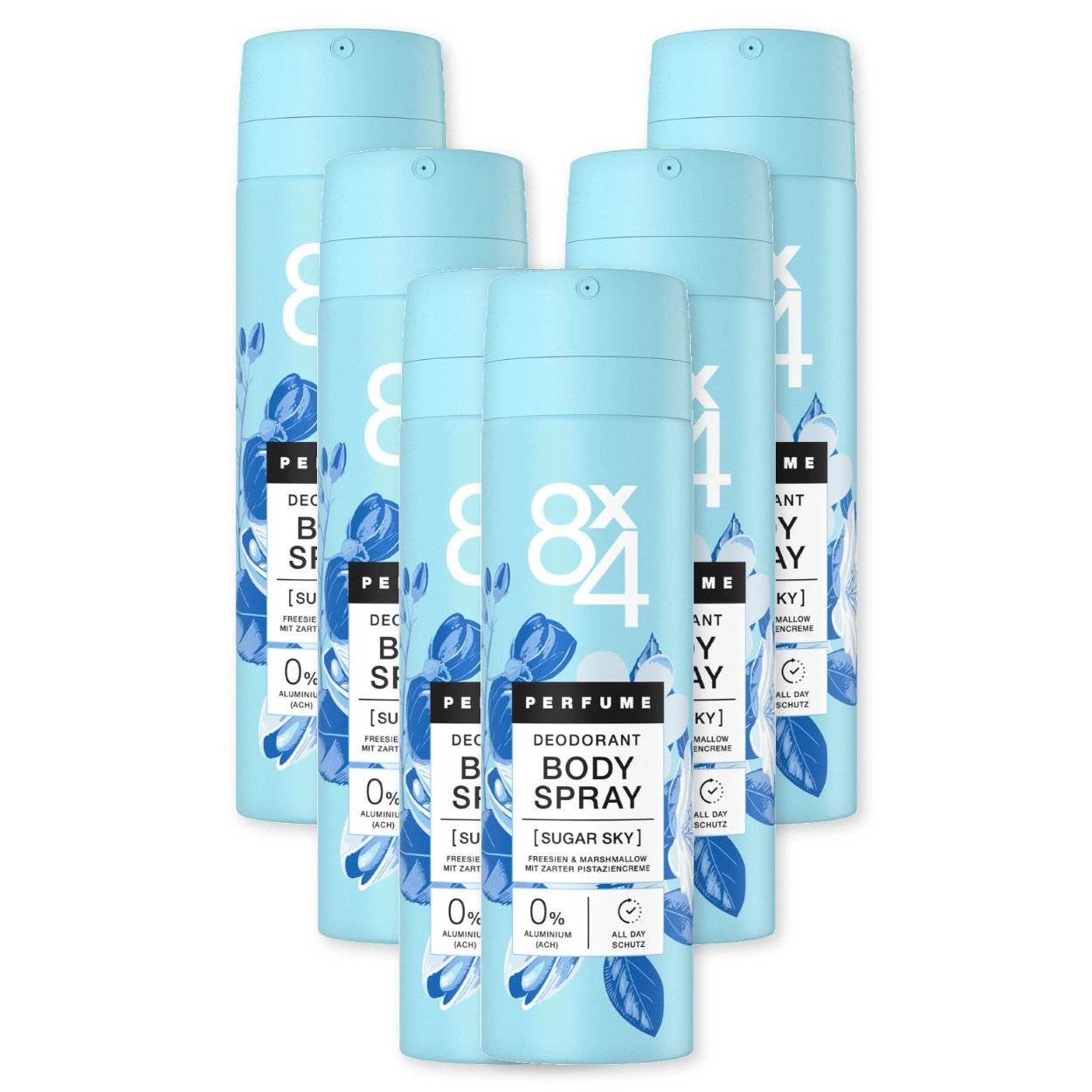 Sechs Deodorant Sprays in Hellblau mit Blumenmuster und der Aufschrift 84 Body Spray Sugar Sky.