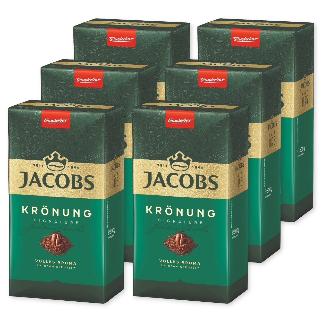 Fünf Packungen Jacobs Krönung Kaffee mit rotem Wundebar-Logo