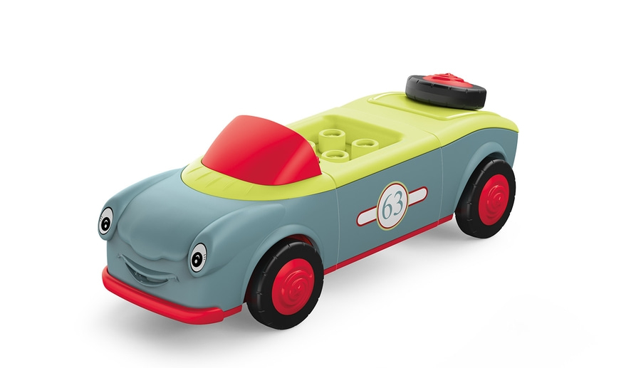 Spielzeugauto mit roter Windschutzscheibe und Rädern, Nummer 63, gelb-blau