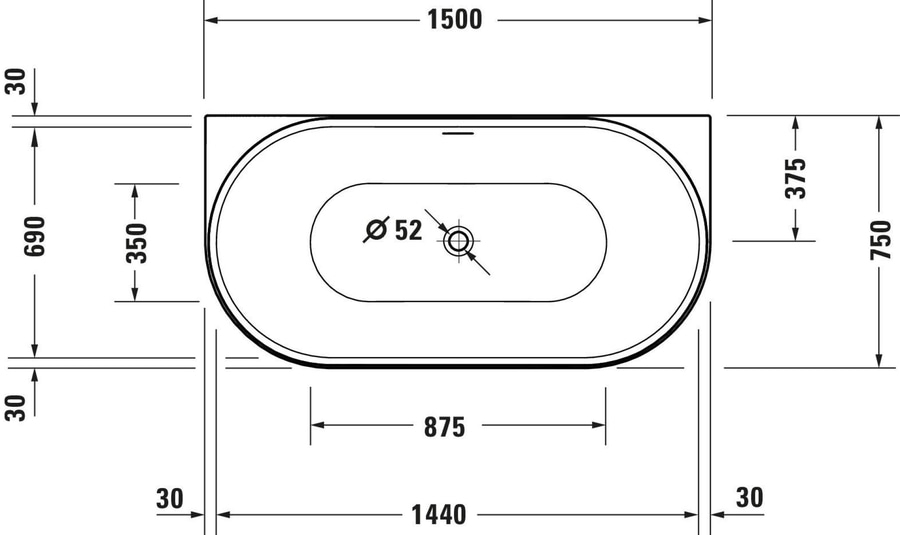 Badewanne mit Maßen: 1500x750x690mm, Durchmesser 52mm, 875mm, 1440mm, 375mm, 30mm, 350mm.