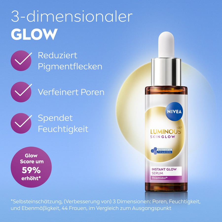 Nivea Luminous Skin Glow Serum, reduziert Pigmentflecken, verfeinert Poren, spendet Feuchtigkeit.