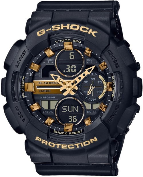 Schwarze G-Shock-Uhr mit goldenen Akzenten und digitaler Anzeige, robustes Design.