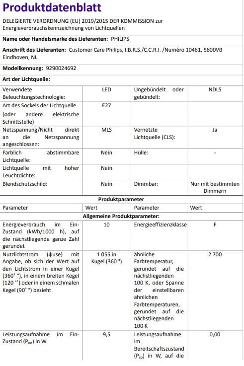 Produktendatenblatt mit Details zu einer Philips Lampe