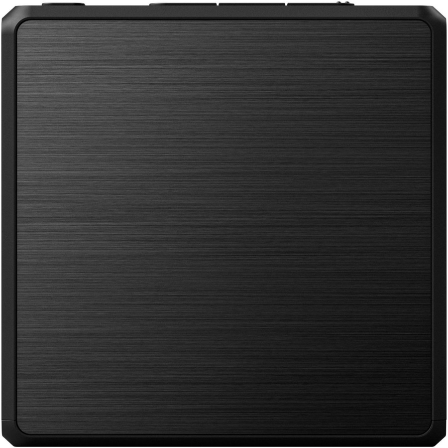 Schwarzer Kasten mit gebürsteter Oberfläche und abgerundeten Ecken.