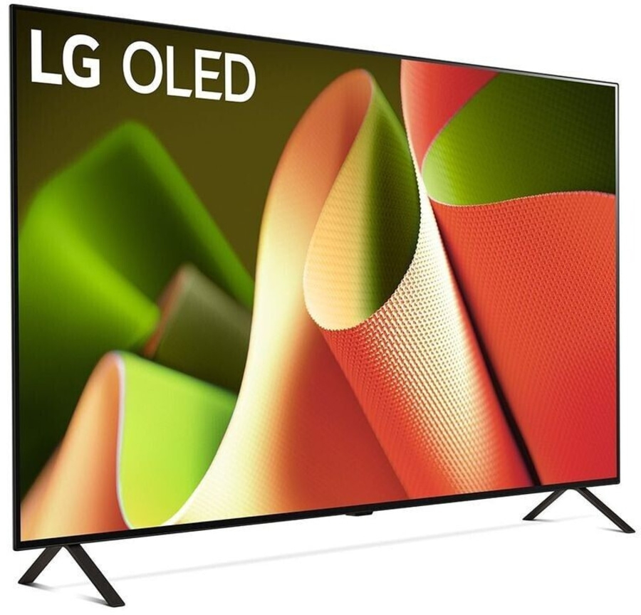 LG OLED Fernseher mit farbenfrohem Hintergrund und schwarzen Füßen