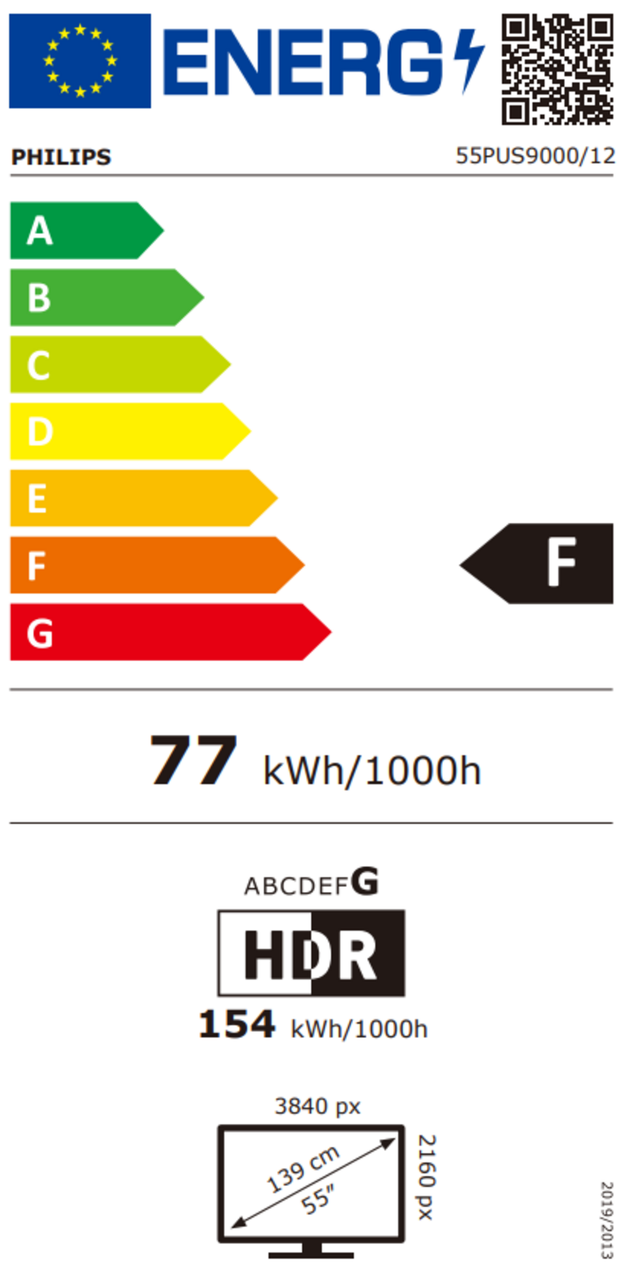 Energieeffizienzlabel für Philips Fernseher, Energieklasse F, 77 kWh/1000h, HDR.