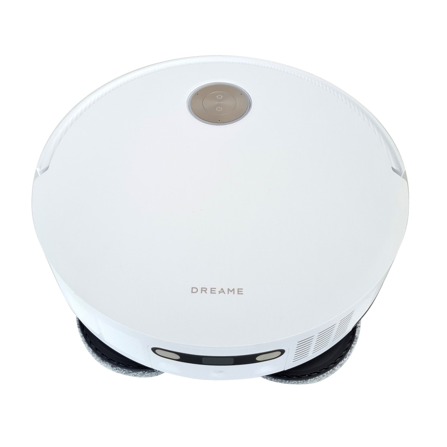 Weißer Roboter-Staubsauger mit der Aufschrift DREAME und zwei Knöpfen
