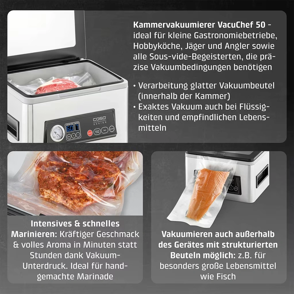 Kammervakuumierer VacuChef 50 mit Vakuumierbeutel und Lebensmitteln.