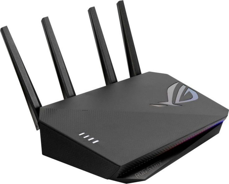 Ein schwarzer Gaming-Router mit vier Antennen und ROG Strix Logo.