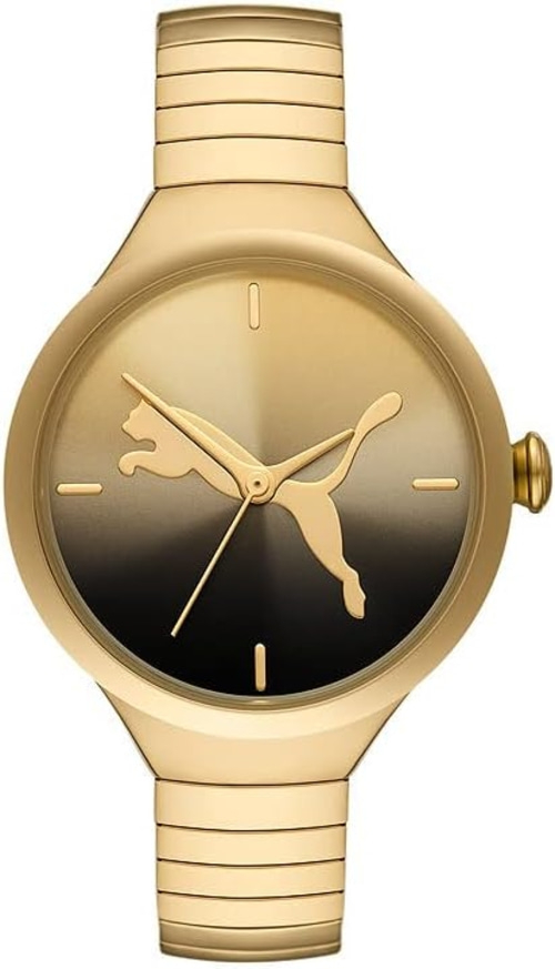 Goldene Puma-Uhr mit schwarzem Zifferblatt und Katzenlogo, elegant.
