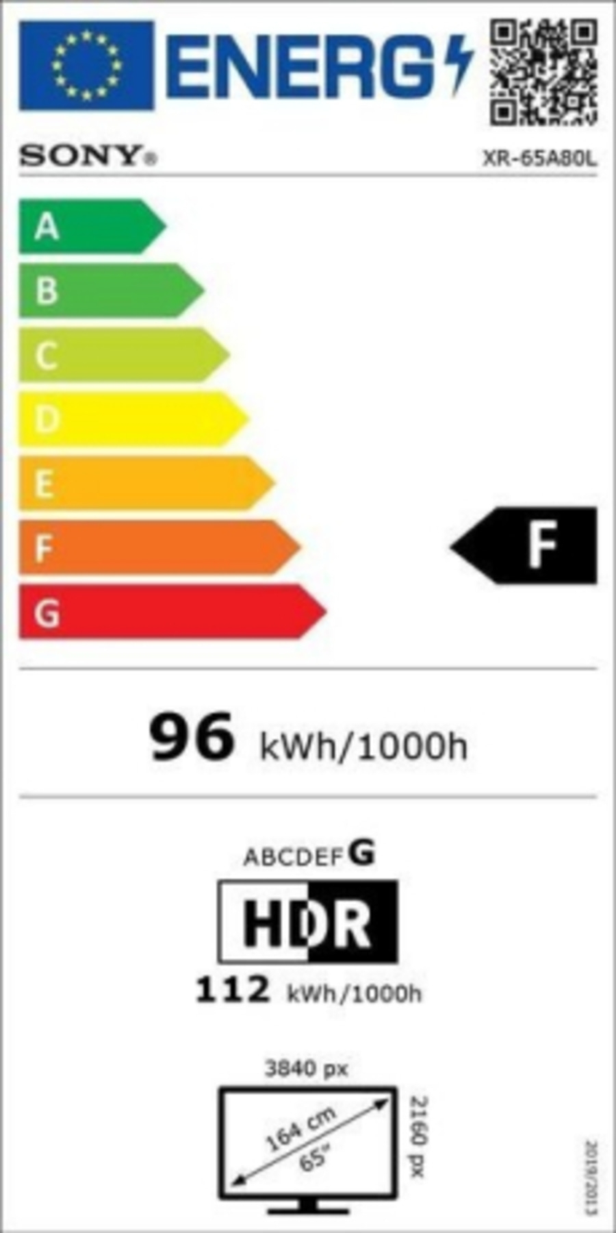 Energieetikett für Sony Fernseher XR-65A80L, Energieeffizienzklasse F, 96 kWh/1000h