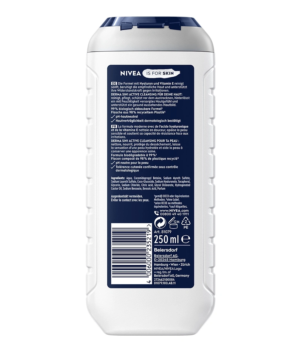 Rückseite einer Nivea Duschgel-Flasche mit Inhaltsstoffen und Produktinformationen.