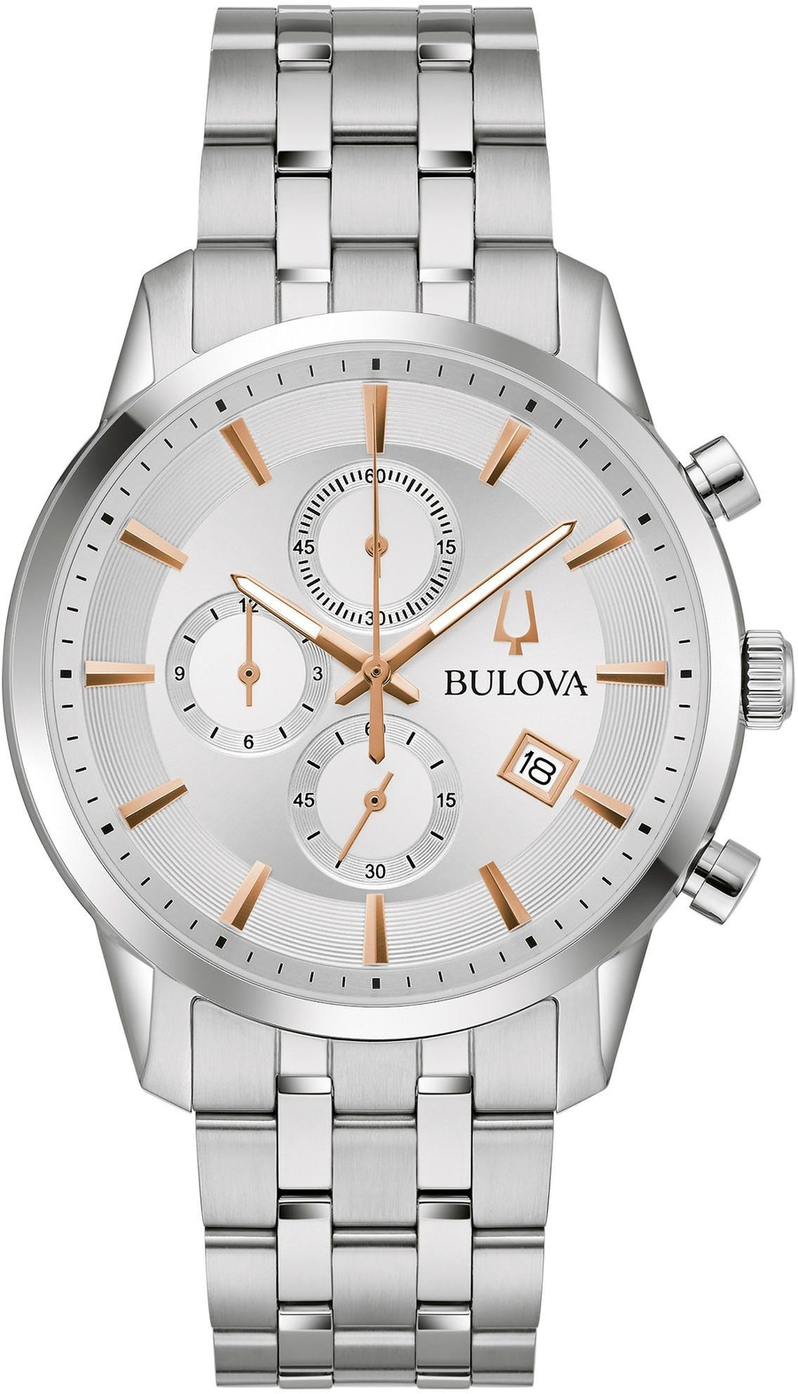 Bulova Herrenuhr mit silbernem Armband und weißem Zifferblatt mit goldenen Akzenten