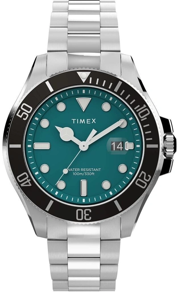 Ein silberner Timex Taucheruhr mit türkisfarbenem Zifferblatt