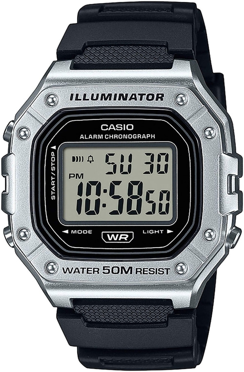 Casio Uhr mit digitaler Anzeige, silbernes Gehäuse, schwarzes Armband, Illuminator, Alarm Chronograph.