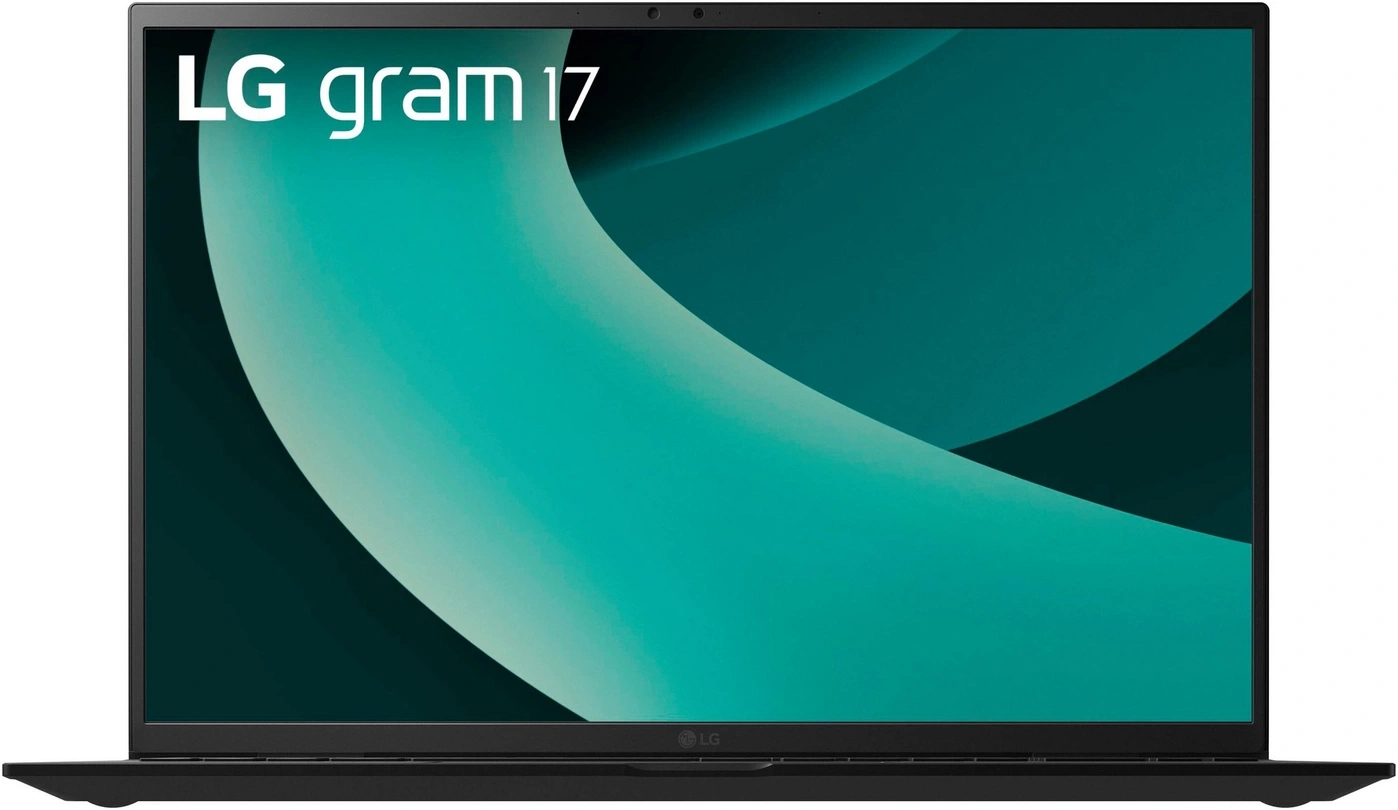 LG gram 17 Laptop-Bildschirm mit abstrakter türkiser Grafik und LG-Logo.