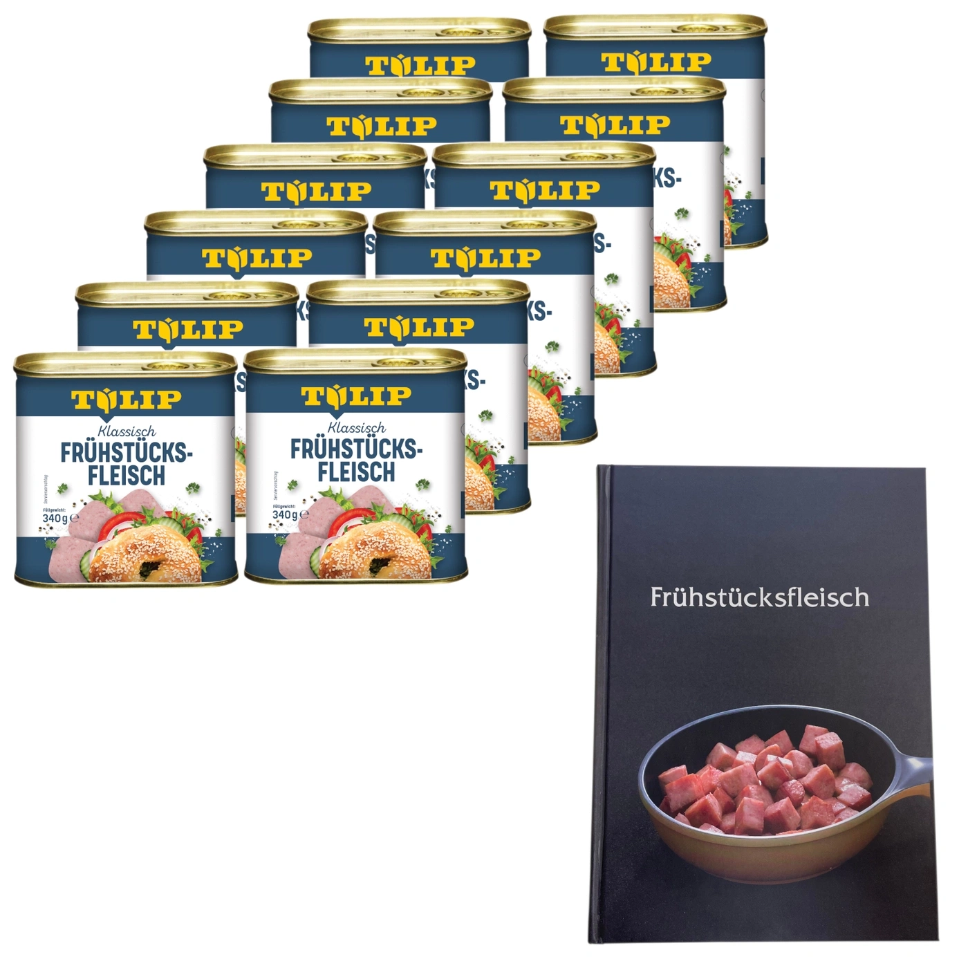 Dosen mit Frühstücksfleisch und einem Buch mit dem Titel Frühstücksfleisch.