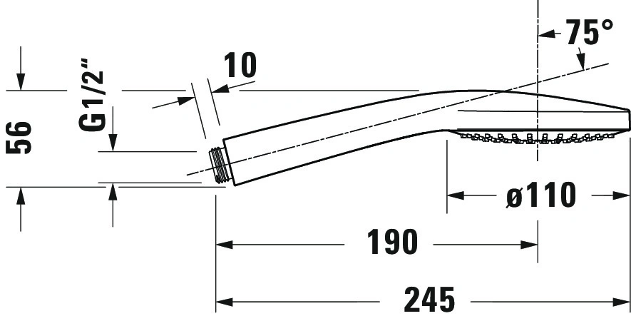 Duschkopf mit Abmessungen: 56mm, G1/2", 10mm, 190mm, 245mm, Ø110mm, 75° Winkel.