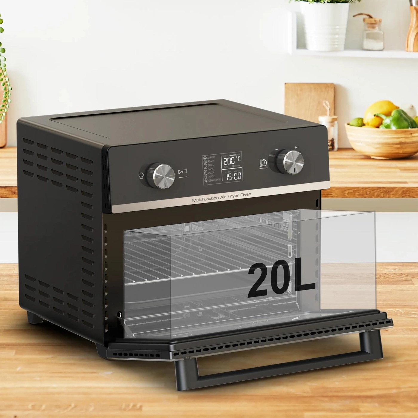 Schwarzer Multifunktions-Heißluftfritteusen-Ofen mit 20L Kapazität auf einer Holzküche Arbeitsplatte.
