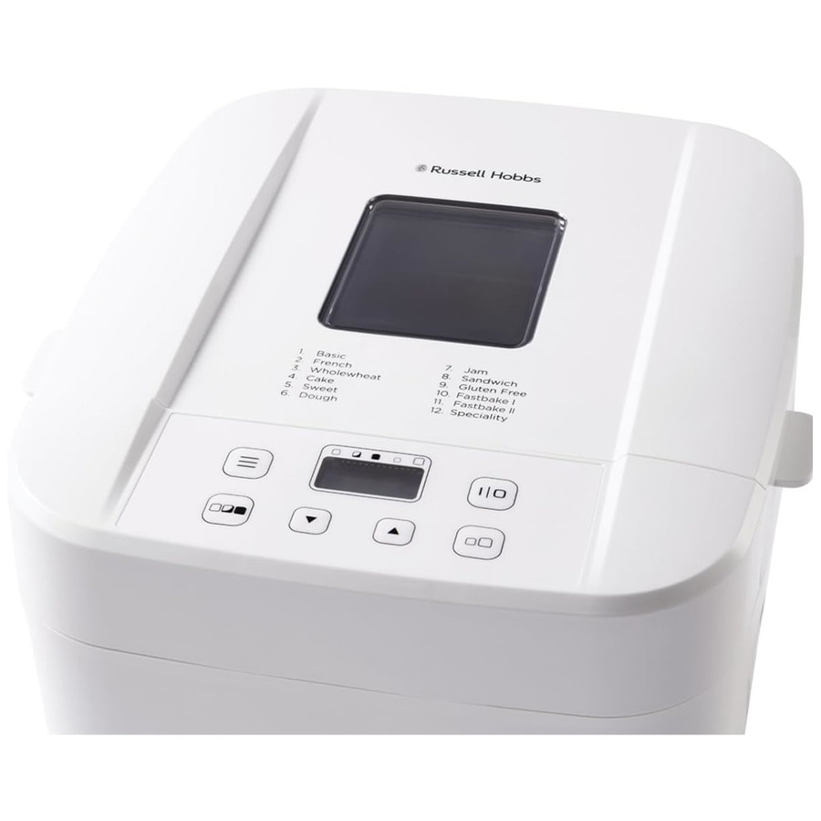 Weißer Brotbackautomat von Russell Hobbs mit verschiedenen Programmen und Bedienfeld.