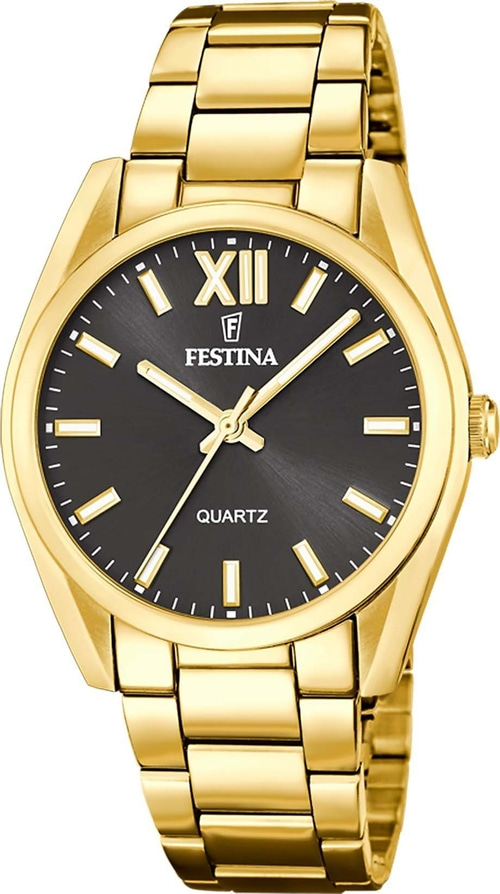 Goldene Festina-Uhr mit schwarzem Zifferblatt und römischen Ziffern. Quarzuhr.