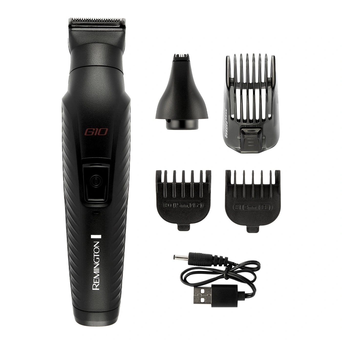 Ein schwarzer Remington Trimmer mit verschiedenen Aufsätzen und Ladekabel.