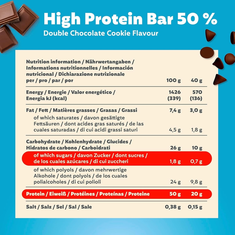 Nährwertangaben für High Protein Bar 50% Double Chocolate Cookie Flavour