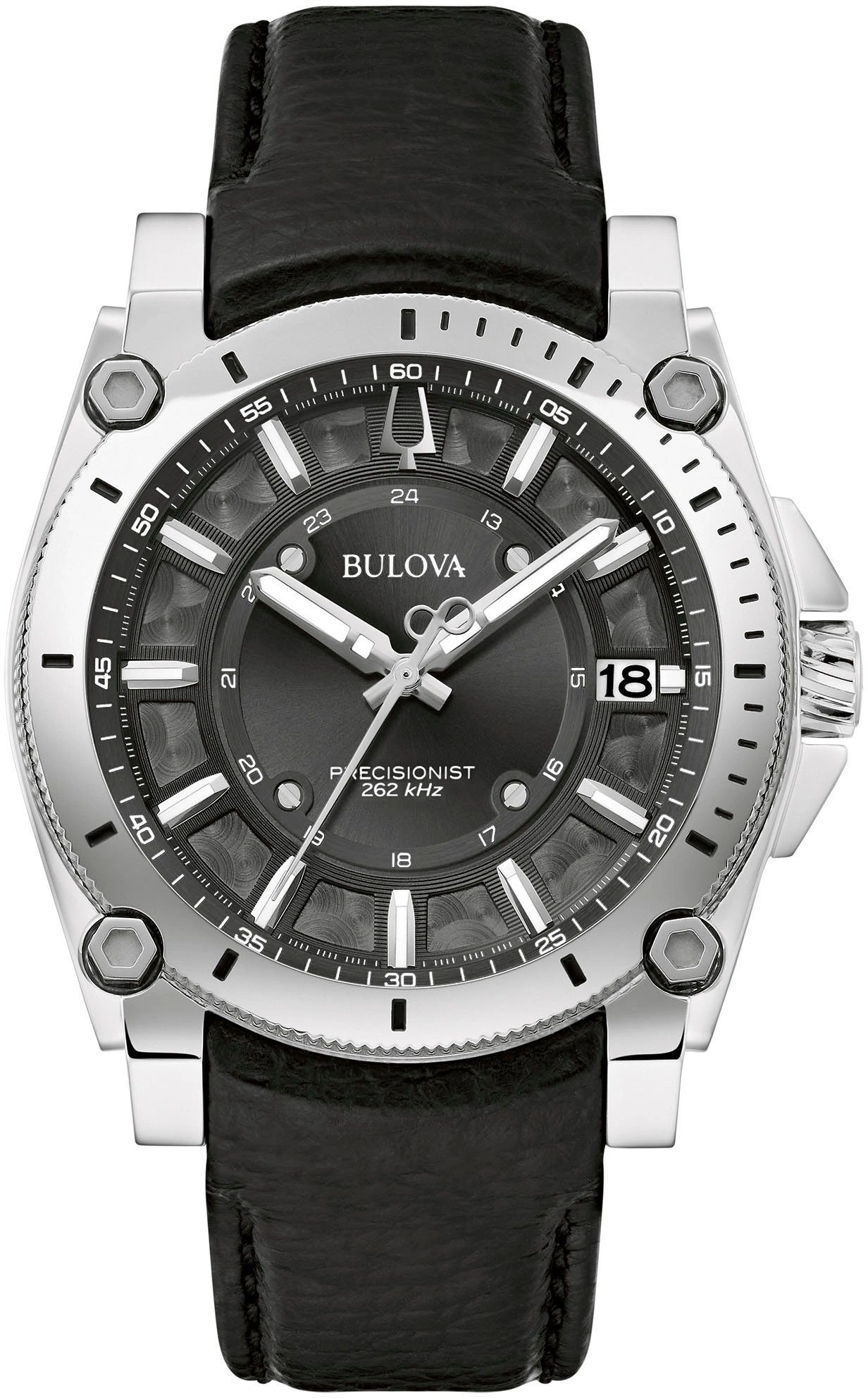 Bulova Precisionist Herrenuhr, schwarzes Zifferblatt, Lederarmband, Datumsanzeige, silbernes Gehäuse