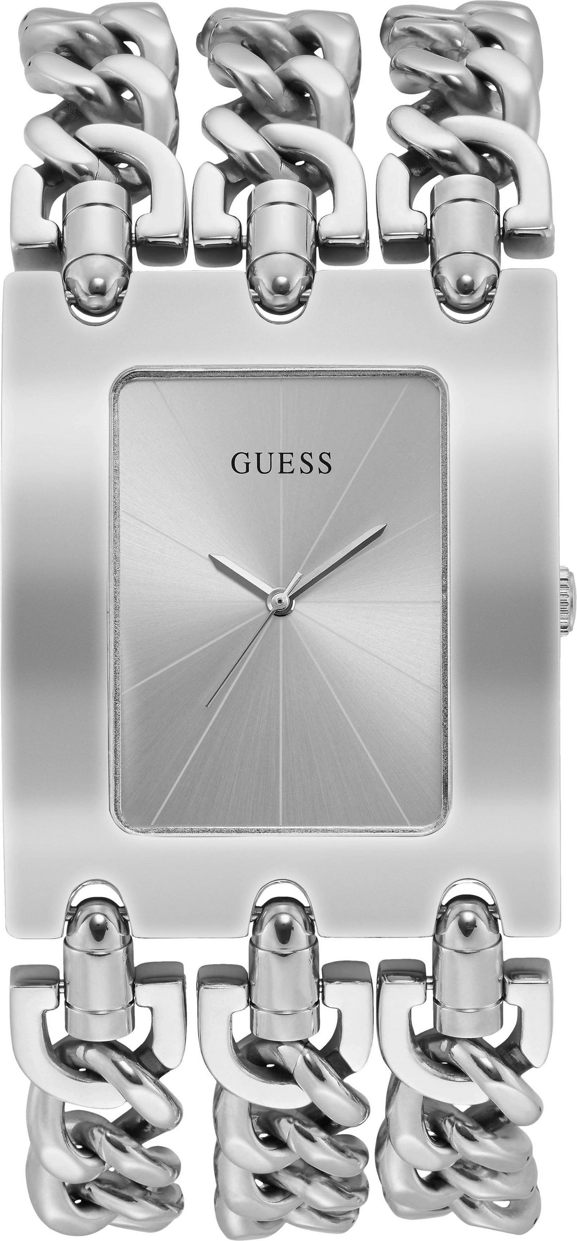 Ein silbernes Guess-Armbanduhr mit einem silbernen Zifferblatt und Gliederarmband.