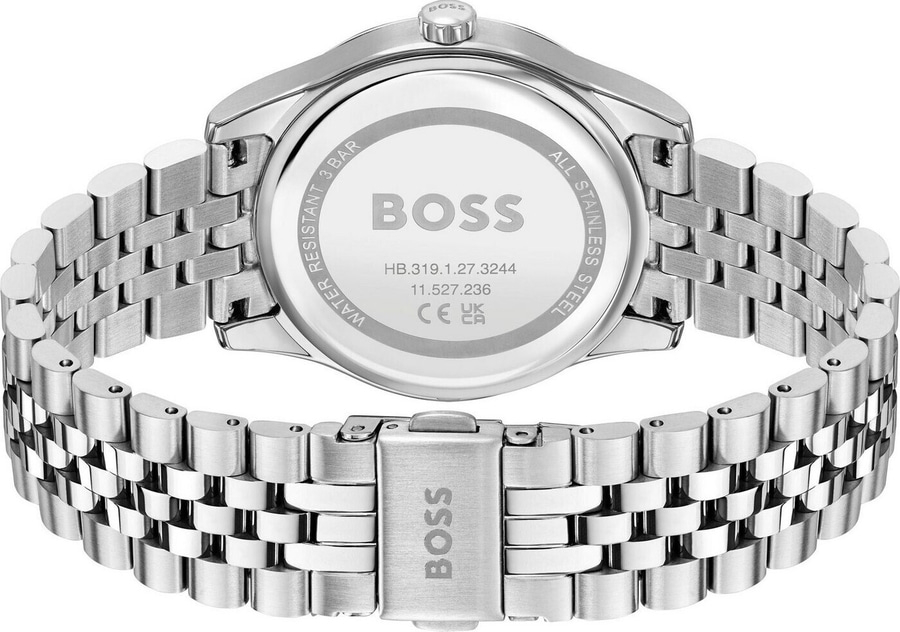 Rückseite einer silbernen BOSS-Armbanduhr mit Wasserdichtigkeit und Edelstahl-Angaben.