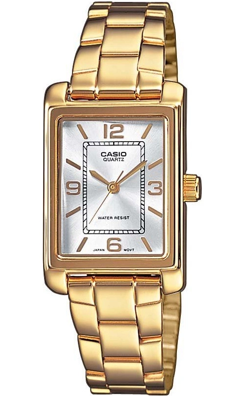 Goldene Casio Quarzuhr mit rechteckigem Zifferblatt und Silberschimmer.