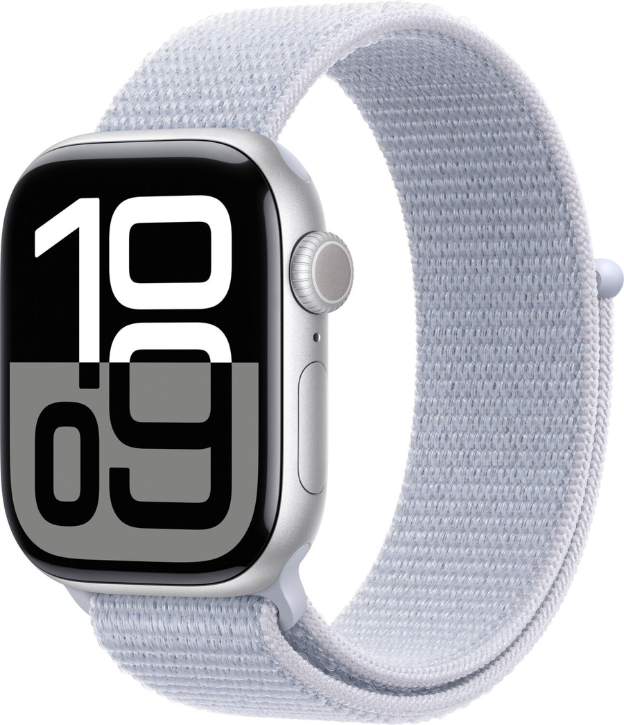 Apple Watch mit hellblauem Sport Loop Armband, Nahaufnahme, isoliert