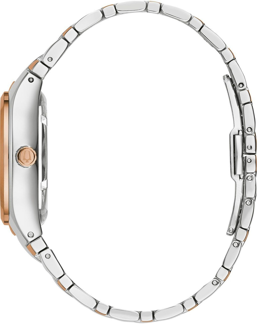 Uhr, silbernes Armband, roségoldfarbenes Zifferblatt, Seitenansicht, Detailaufnahme, Schmuck