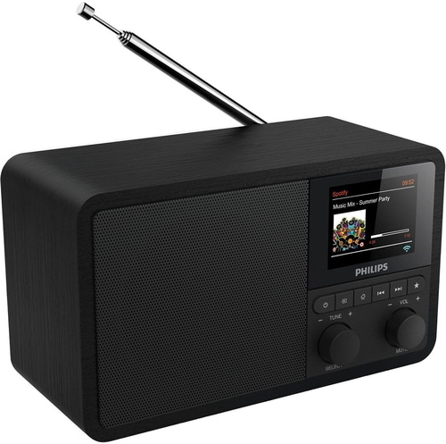 Schwarzes Philips-Radio mit Spotify-Anzeige und Antenne, Musik-Mix-Sommer-Party.