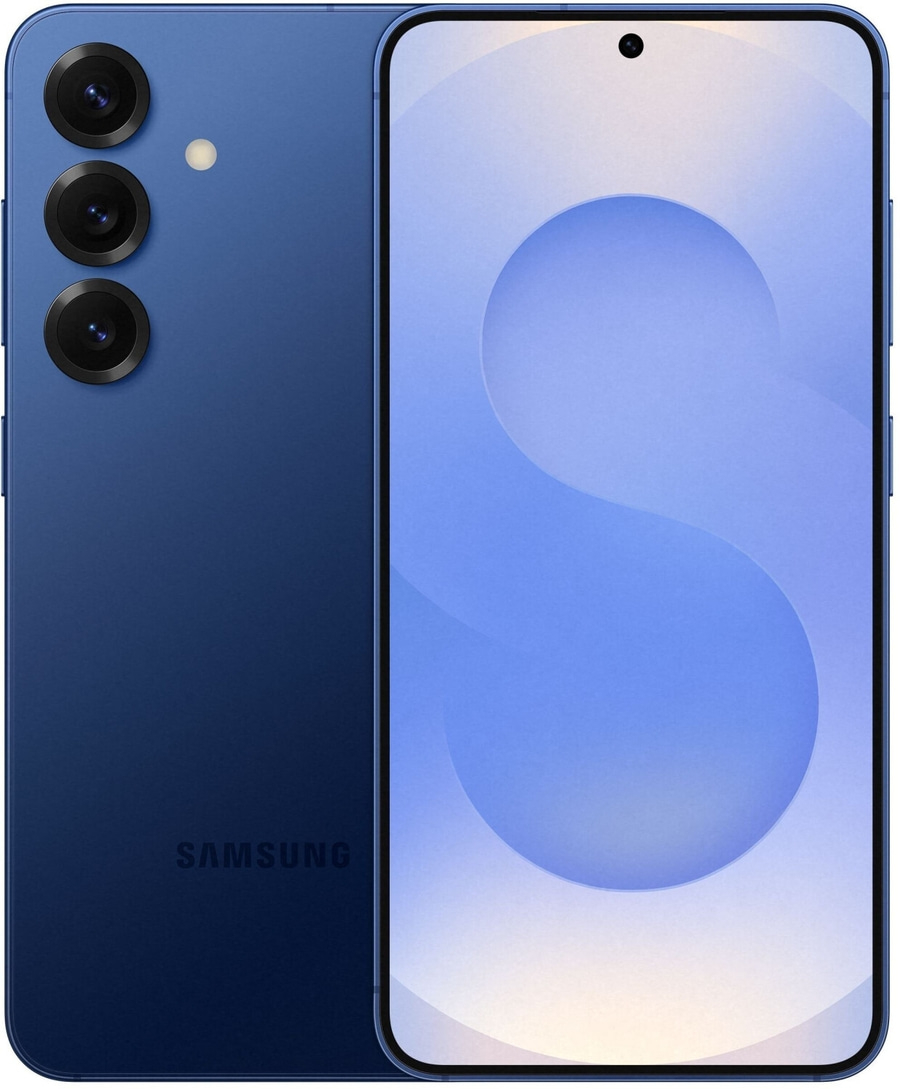 Blaues Samsung Smartphone mit drei Kameras und einem Bildschirm mit hellem Hintergrund