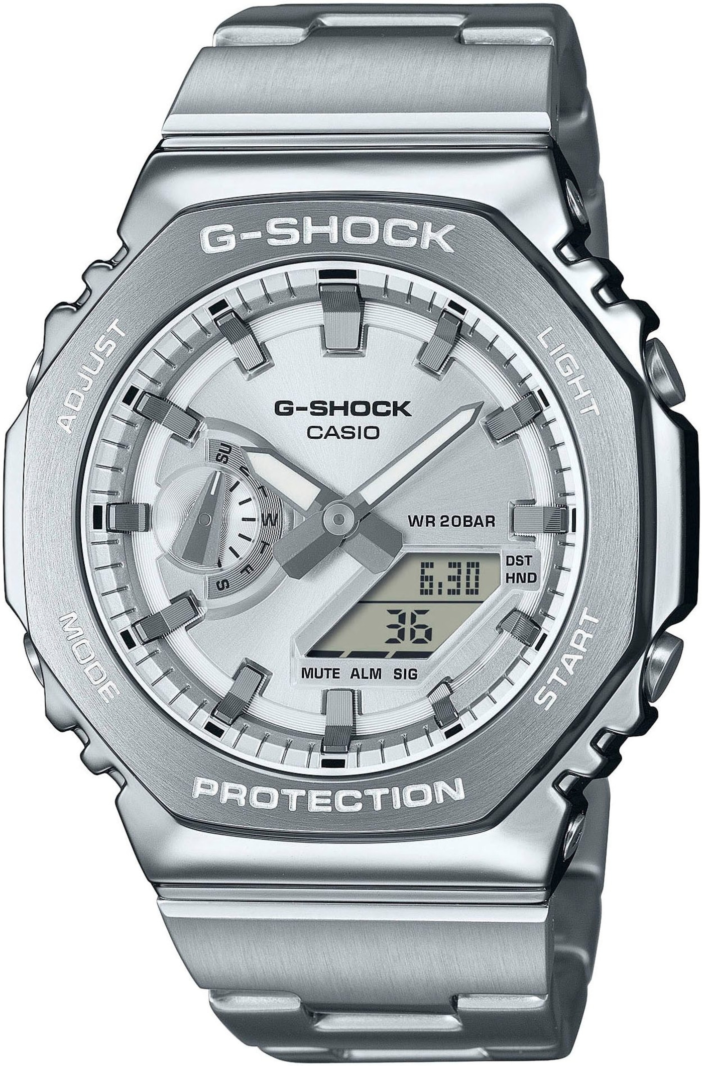 Silberne G-Shock Uhr mit analoger und digitaler Anzeige