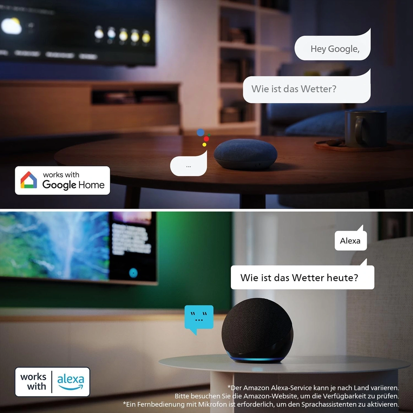 Ein Google Home und ein Alexa Gerät werden gezeigt.
