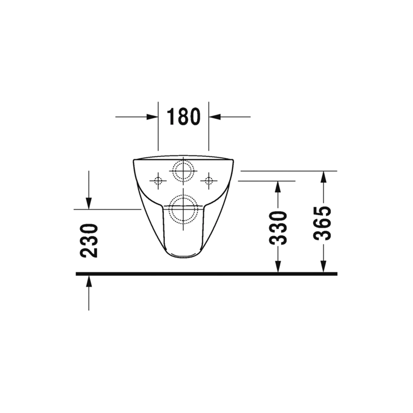 Abmessungen einer Wandtoilette: 180mm Breite, 230mm Höhe, 330mm und 365mm Tiefe.