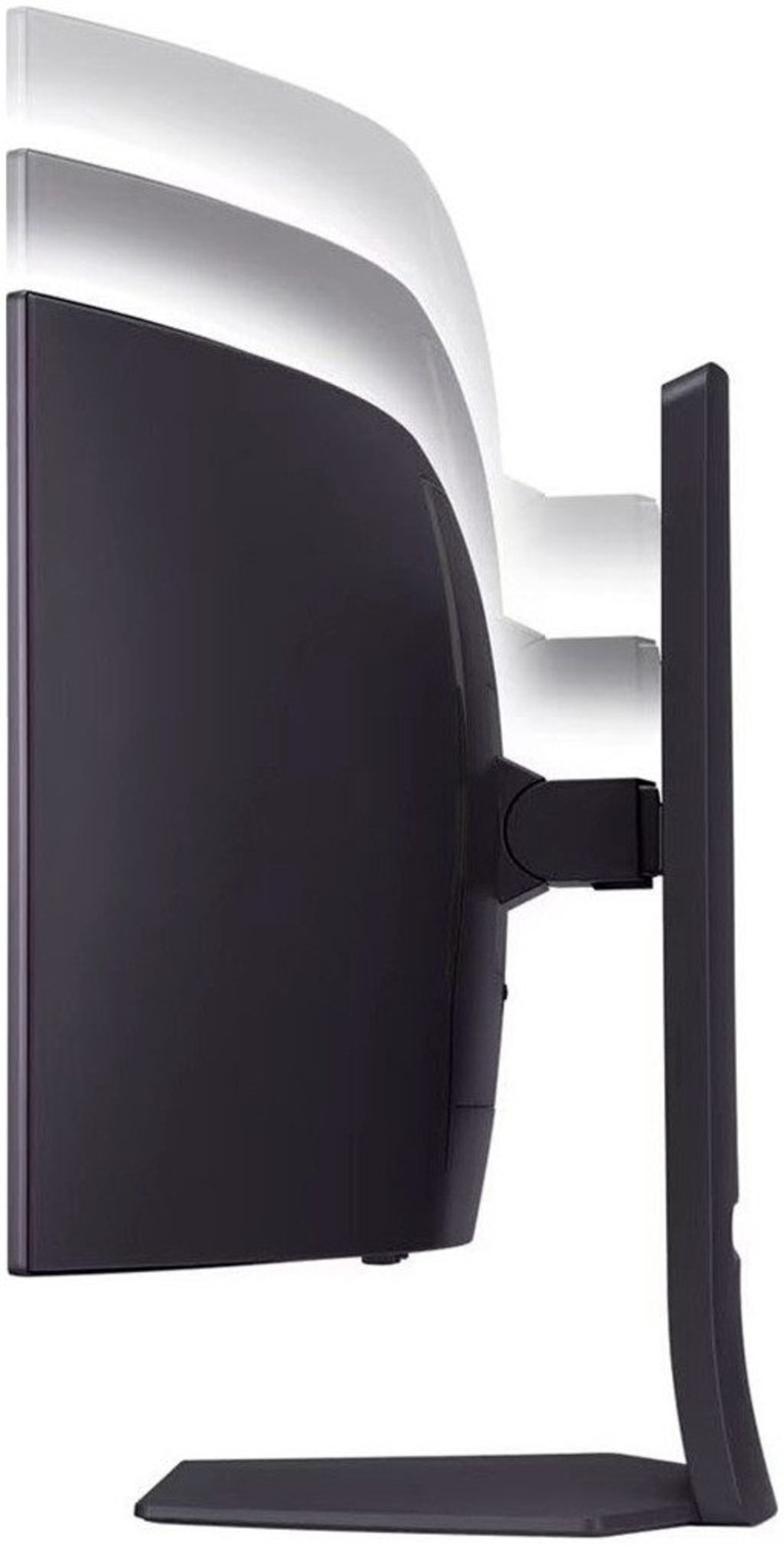 Seitenansicht eines schwarzen Monitors mit weißem Hintergrund und geschwungenem Design.