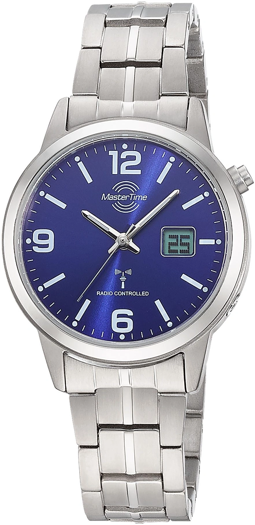 Eine stilvolle Herrenuhr mit blauem Zifferblatt und silbernem Armband.