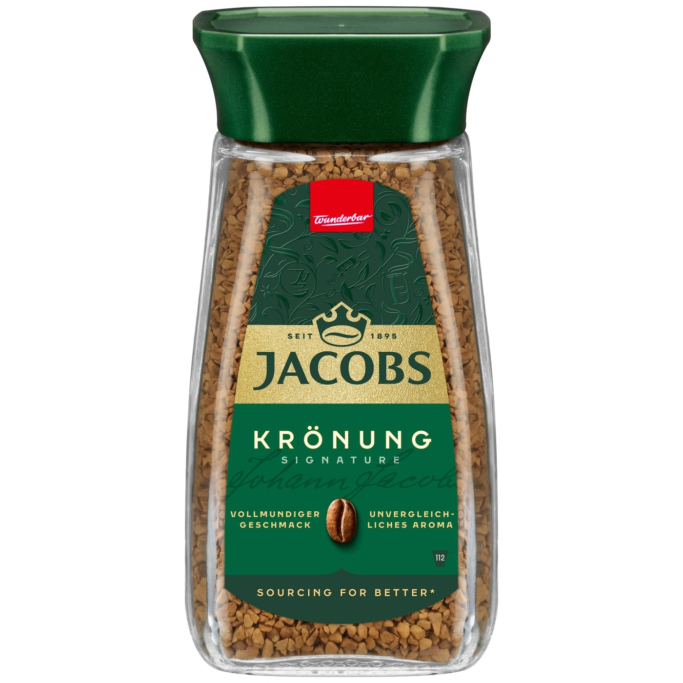Jacobs Krönung Kaffee, Glasbehälter, grüner Deckel, goldene Schrift, 112g, vollmundiger Geschmack, unvergleichliches Aroma